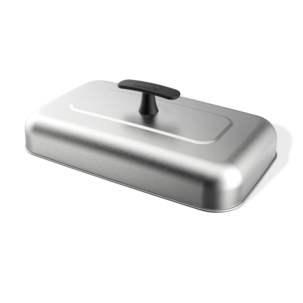 Weber extra-large basting dome front view showing stainless steel finish and handle for durable performance