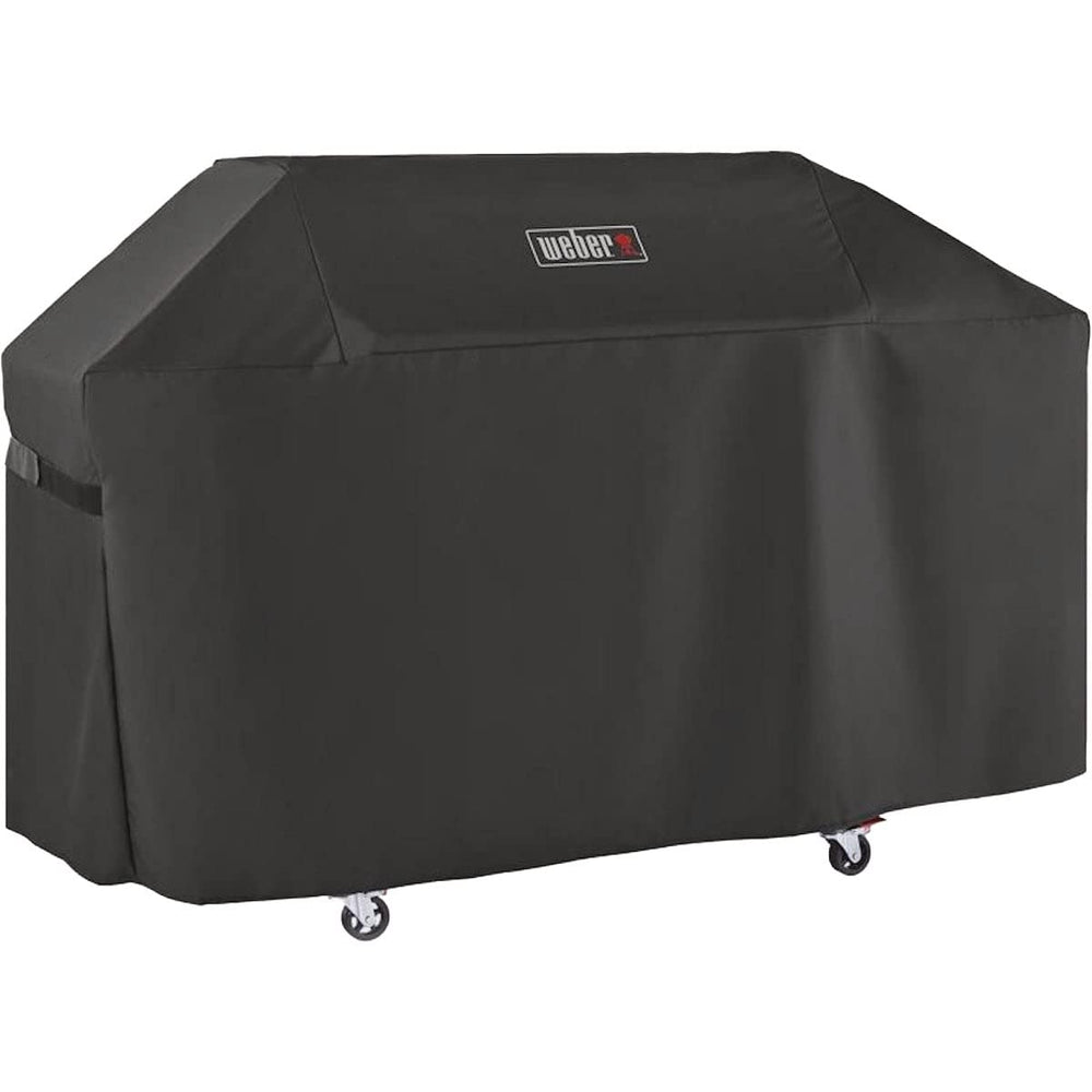 Weber front view of premium black cover protecting Genesis 400 grill, preserves finish
