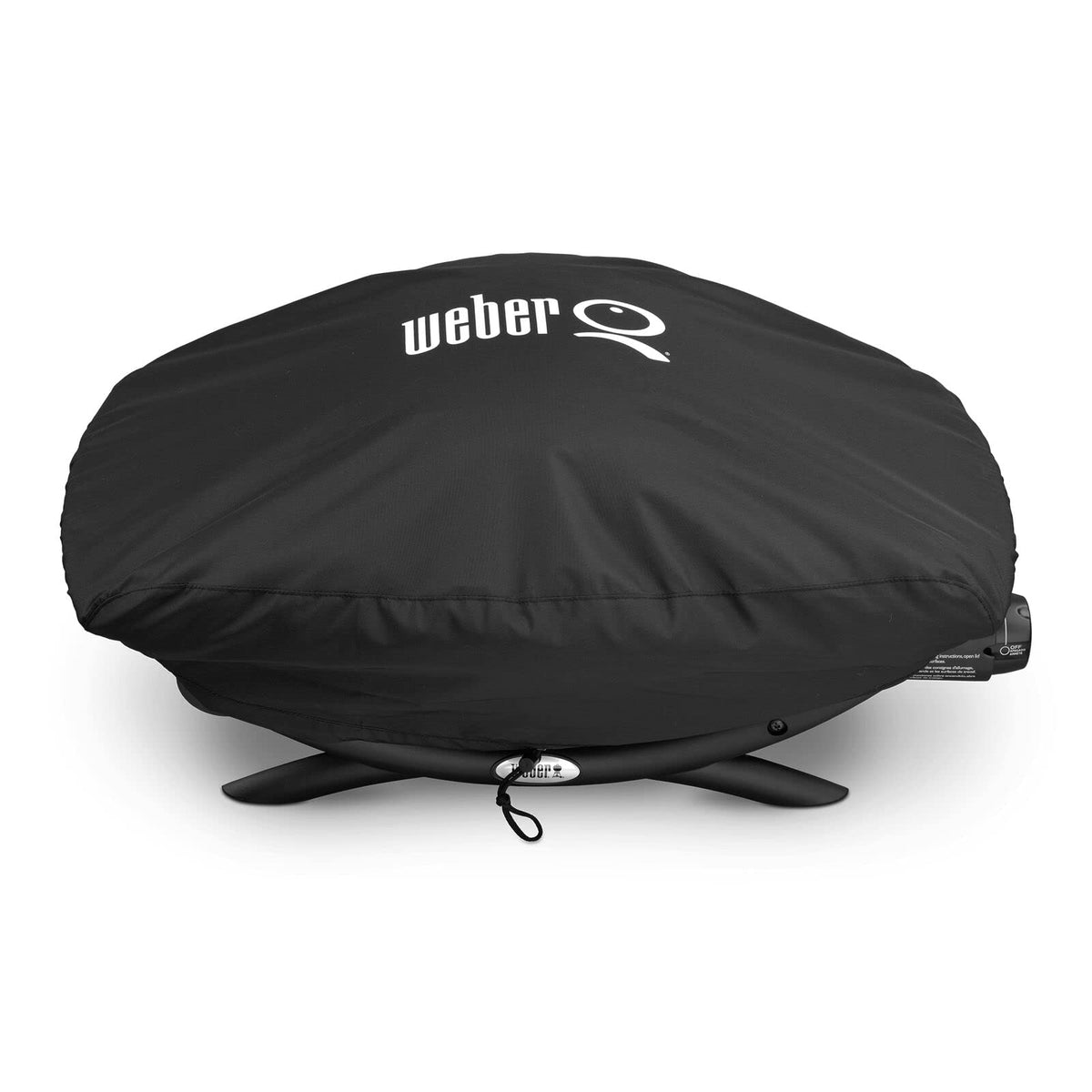 Weber front view of black Q series cover protecting grill