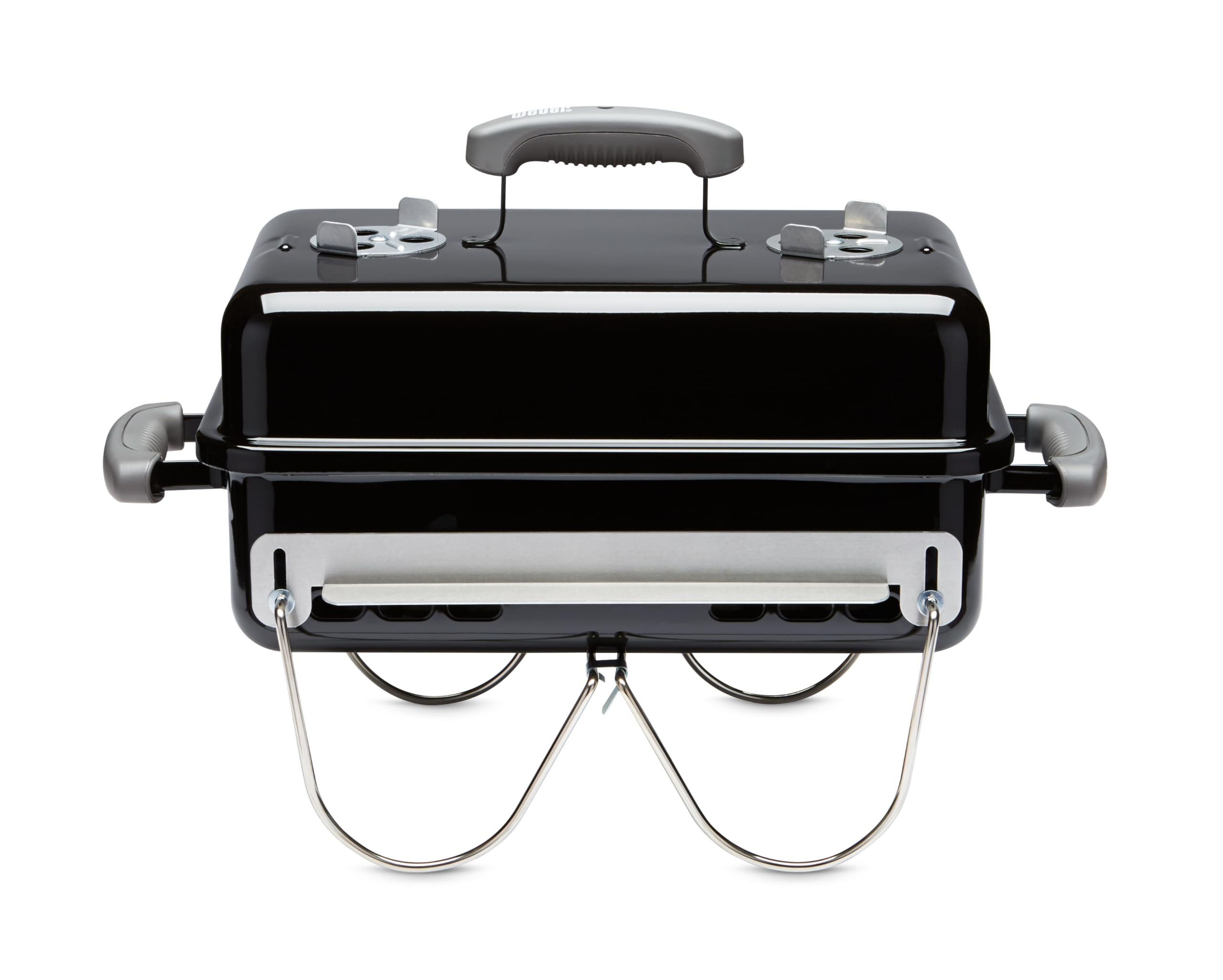 Weber front view of compact portable grill showing travel-ready design and convenience