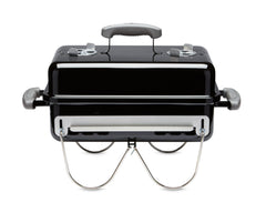 Weber front view of compact portable grill showing travel-ready design and convenience