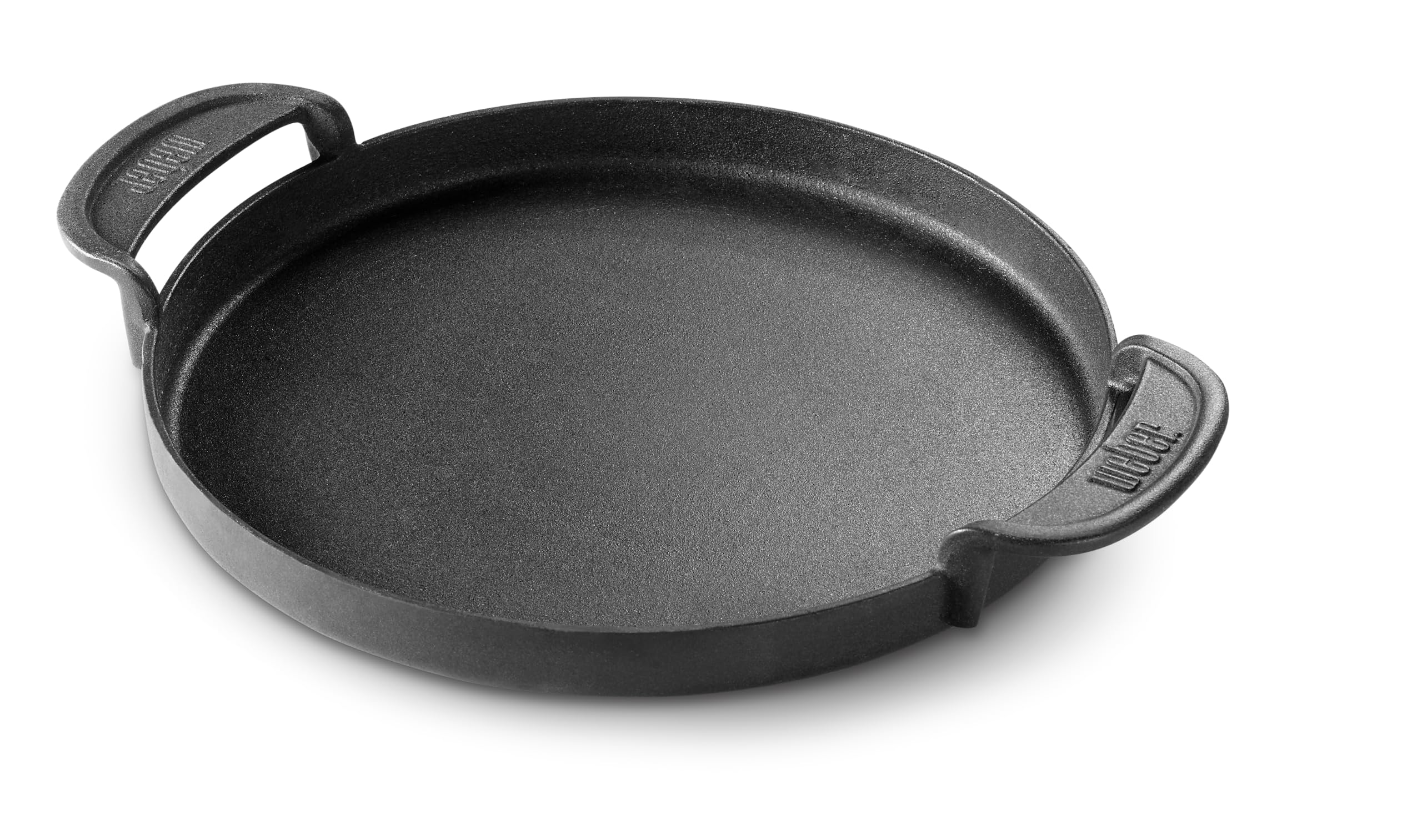 Weber griddle front view showing flat cooking area and even heat benefit