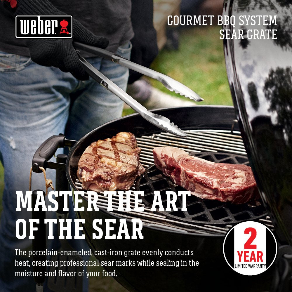 Weber sear grate in use searing steak with visible grill marks and caramelization benefit