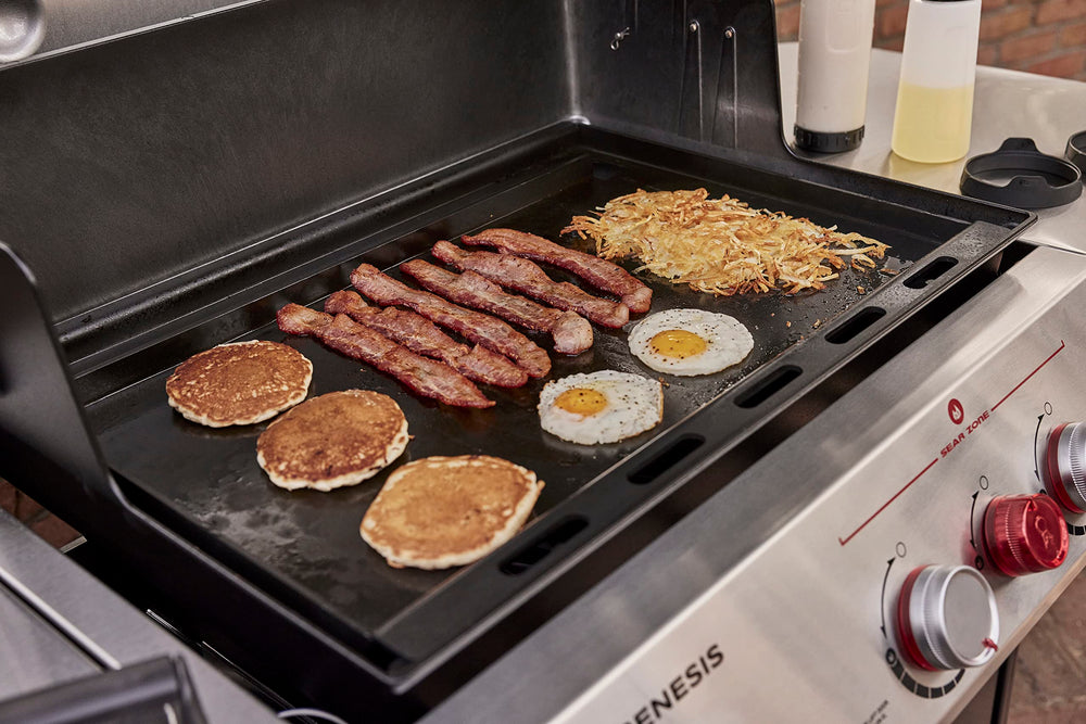 Weber griddle grease management detail showing rim and grease channel benefit