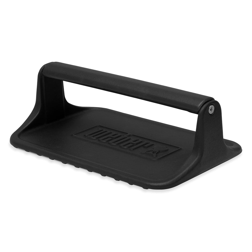 Weber griddle press front view showing durable cast-iron and stable base for better sear