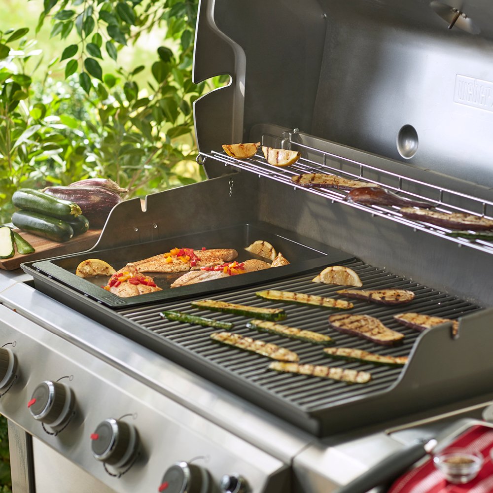Weber griddle size comparison next to standard grate showing fit and cook space benefit