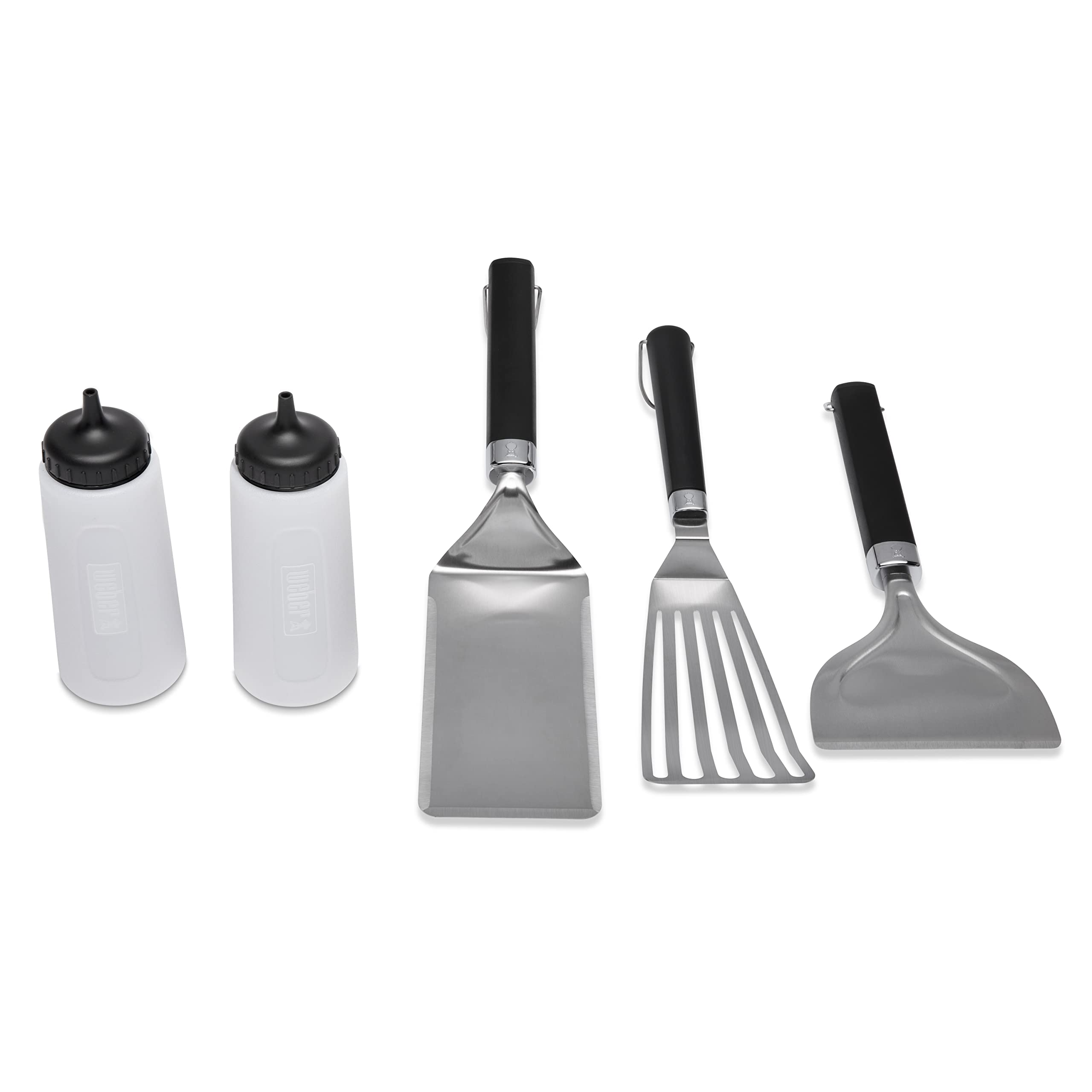 Weber griddle tool set front packaging showing five-piece kit and benefits