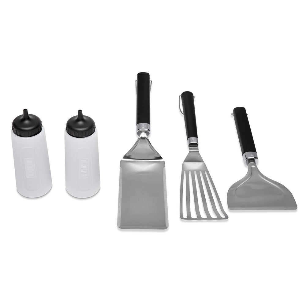 Weber griddle tool set front packaging showing five-piece kit and benefits