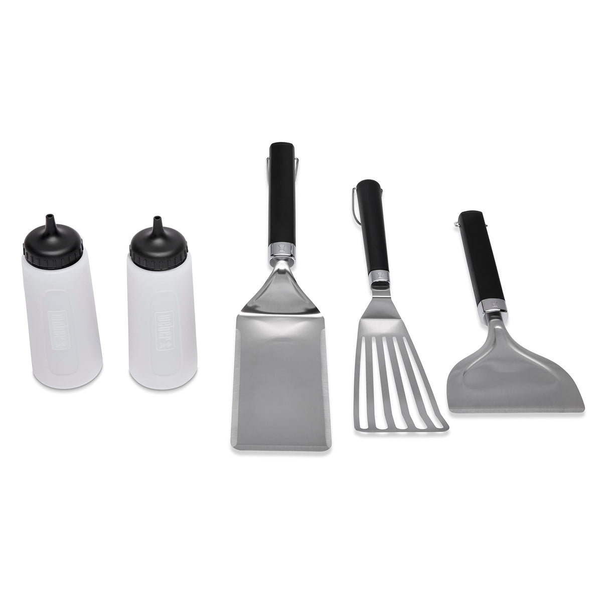 Weber griddle tool set front packaging showing five-piece kit and benefits