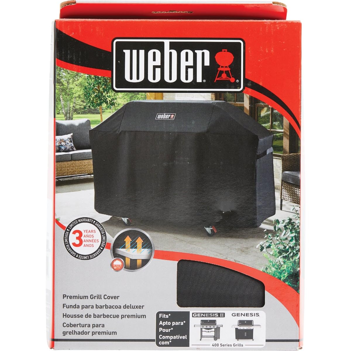 Weber lifestyle image of covered Genesis grill on patio, keeps grill ready and clean