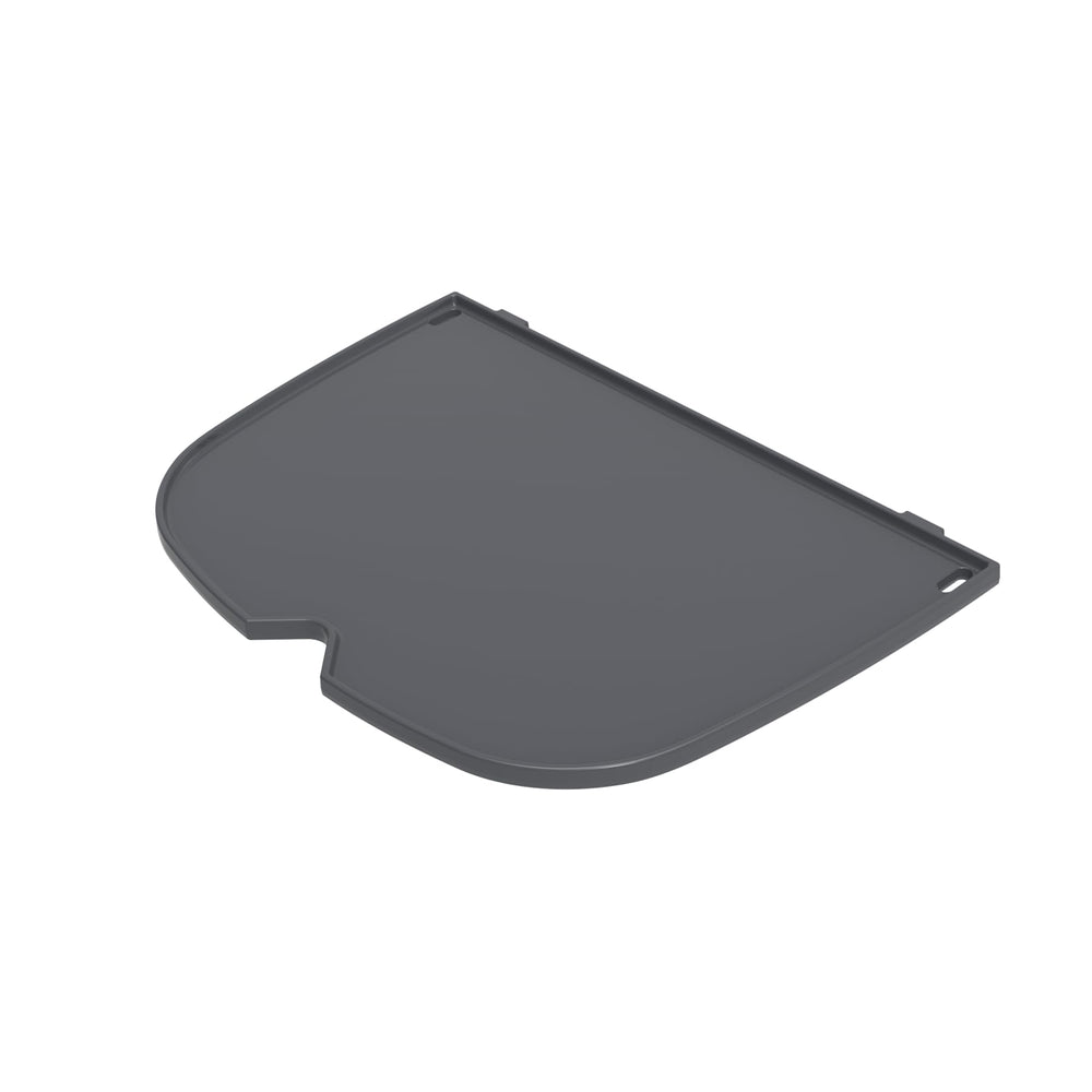 Weber half griddle top view showing smooth cooking surface and even heating benefit