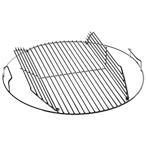 Weber grate beside briquettes for scale showing grate size and convenient charcoal refueling