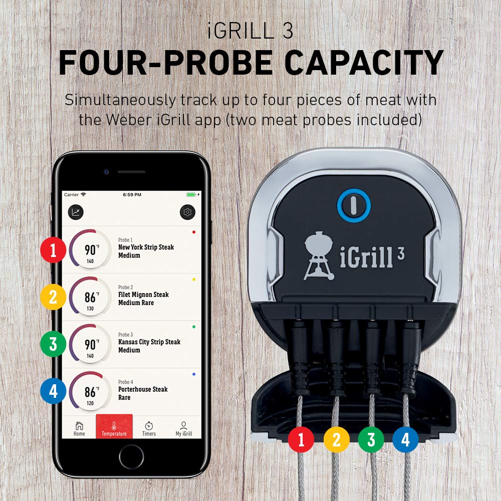 Weber iGrill 3 probes inserted in steak, precise internal temperature readings