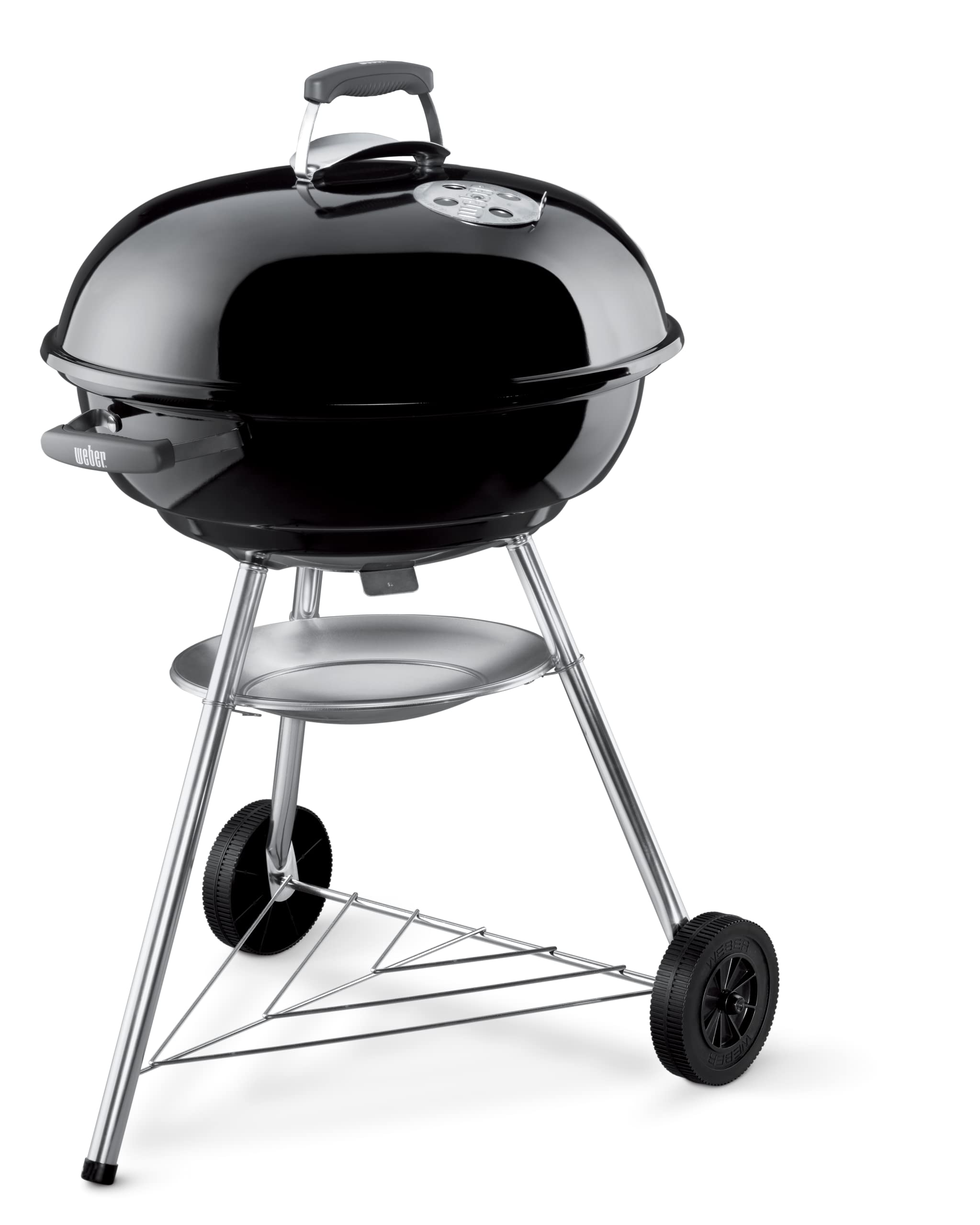 Weber Jumbo Joe front view showing compact grill and wheels for easy portability