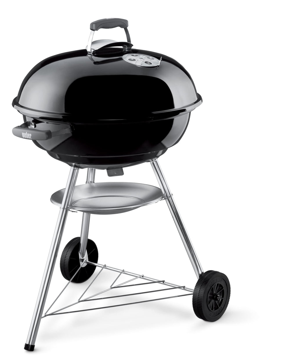 Weber Jumbo Joe front view showing compact grill and wheels for easy portability