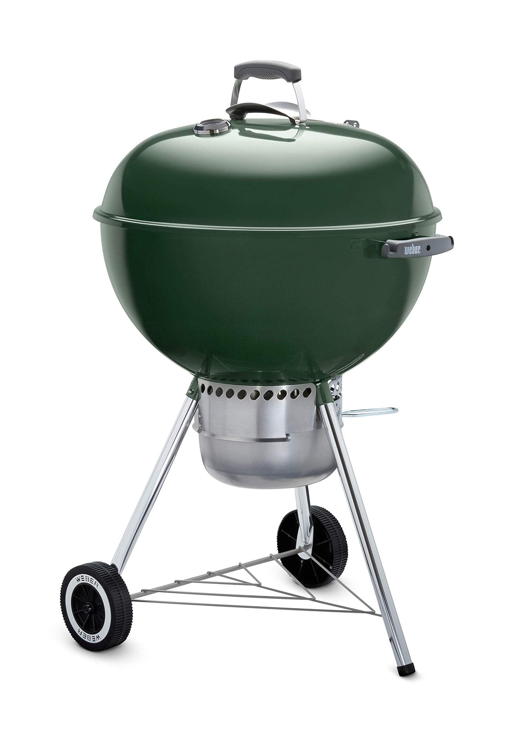 Weber front view of green kettle grill showing full profile and cooking area