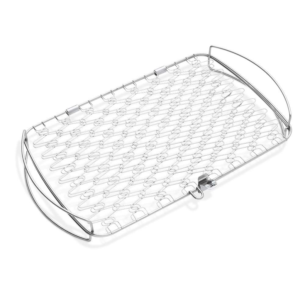 Weber large fish and veggie basket front view showing sturdy stainless-steel construction and secure frame