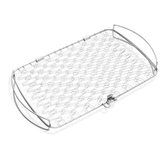 Weber large fish and veggie basket front view showing sturdy stainless-steel construction and secure frame
