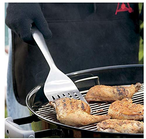 Weber locking tongs gripping steak on grill demonstrating one-handed lock and lift benefit