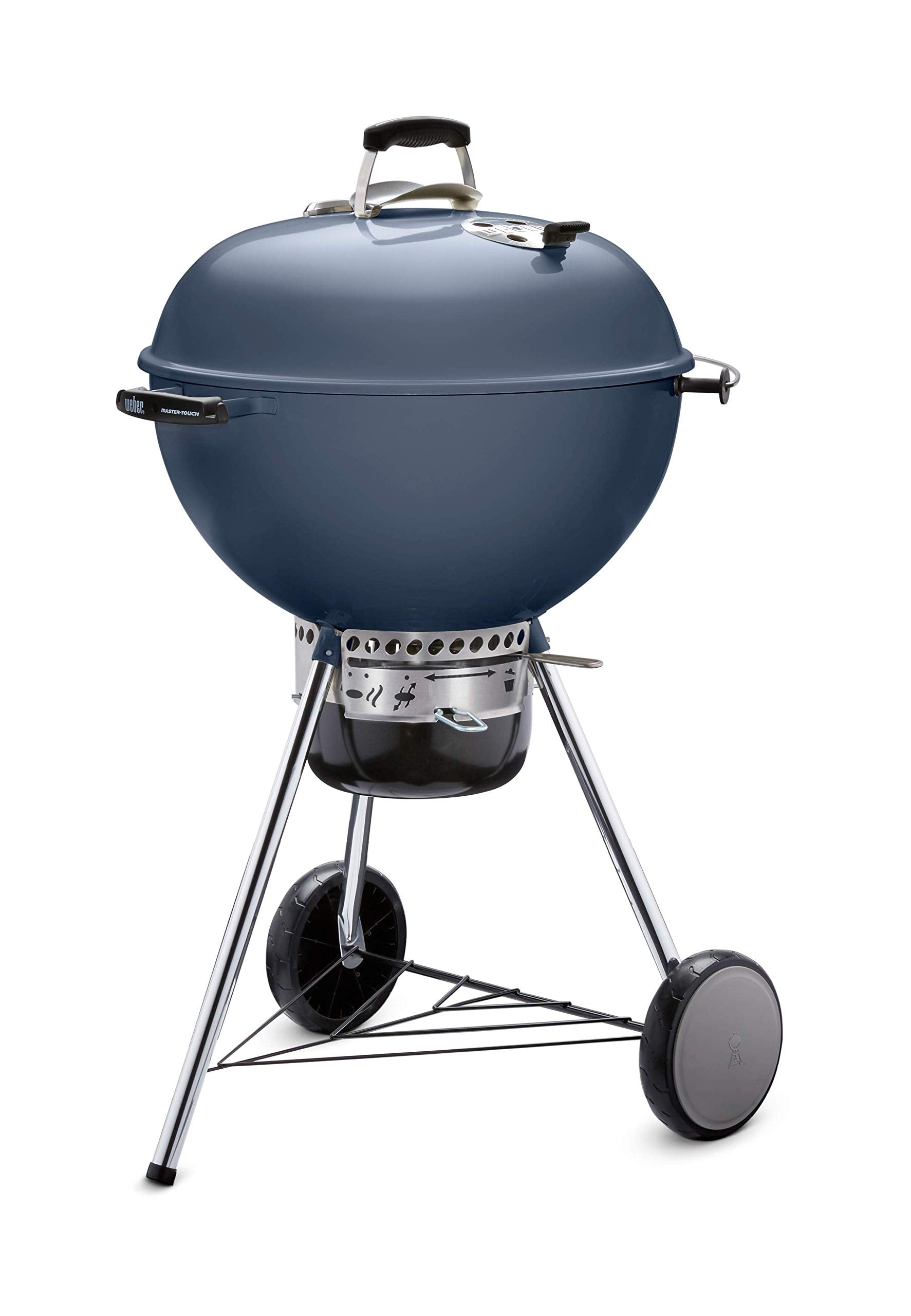 Weber Master-Touch front view in slate blue showing sturdy kettle and legs for reliable cooking