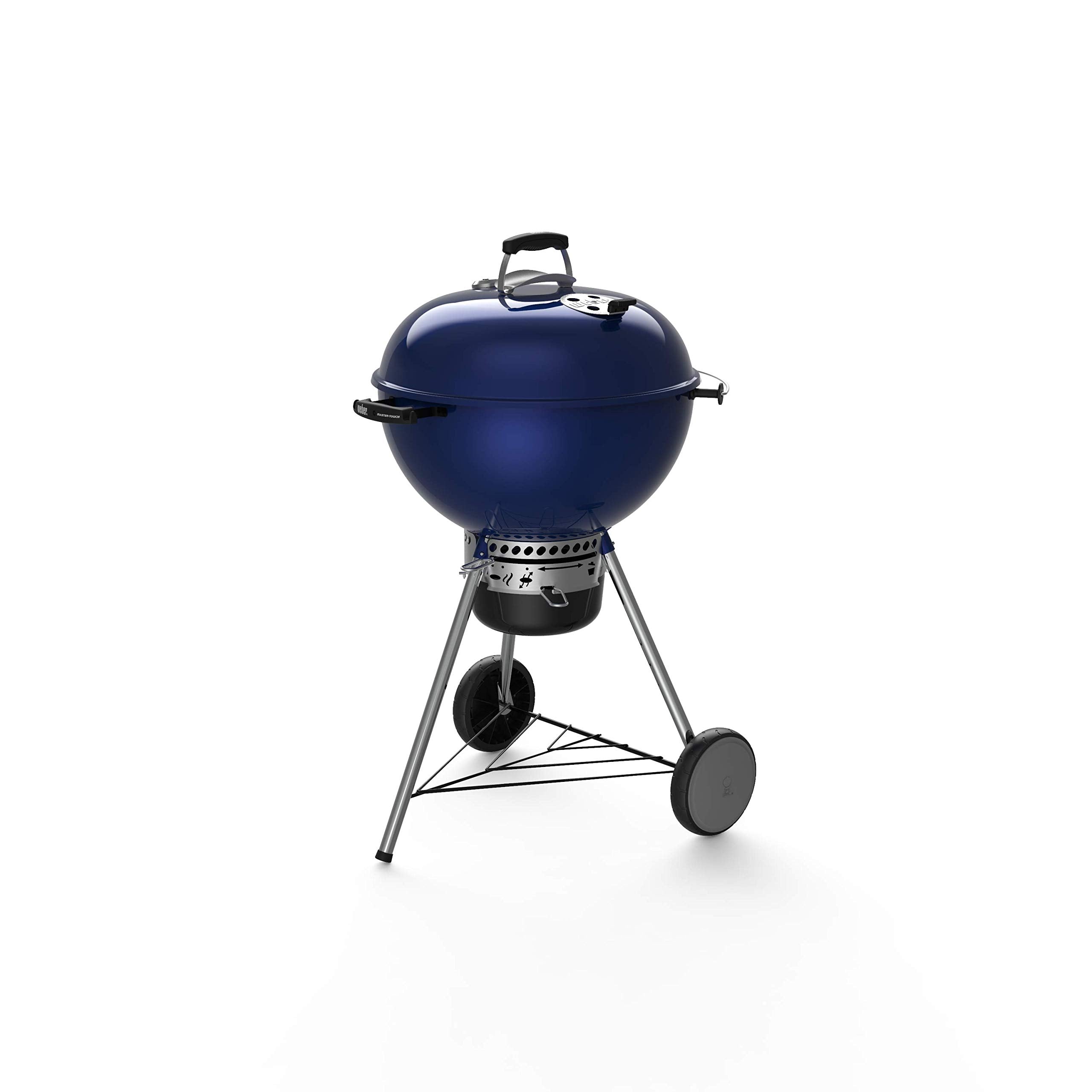 Weber Master-Touch front view showing Deep Ocean Blue finish and stable legs for durability