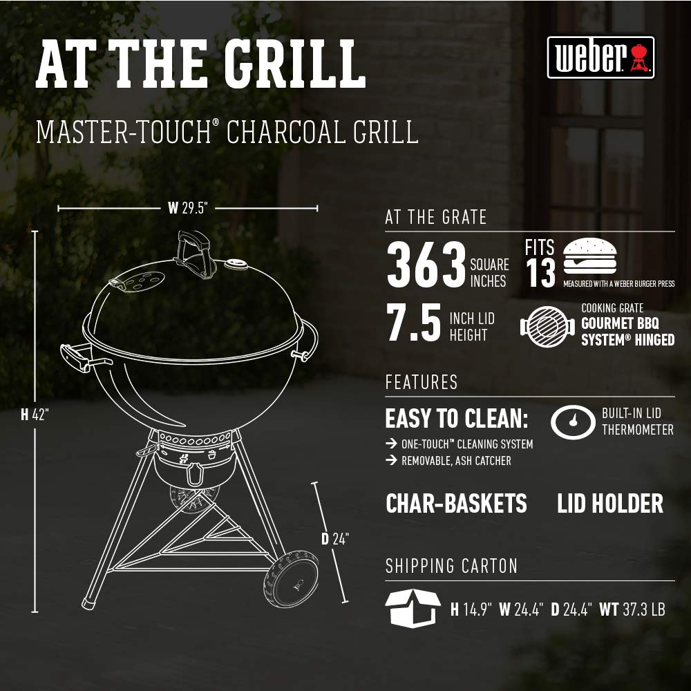 Weber Master-Touch tuck-away lid holder in use keeps lid off ground and workspace tidy