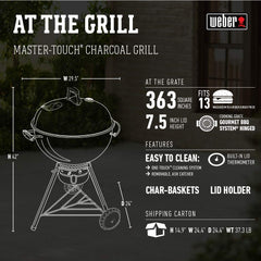 Weber Master-Touch tuck-away lid holder in use keeps lid off ground and workspace tidy