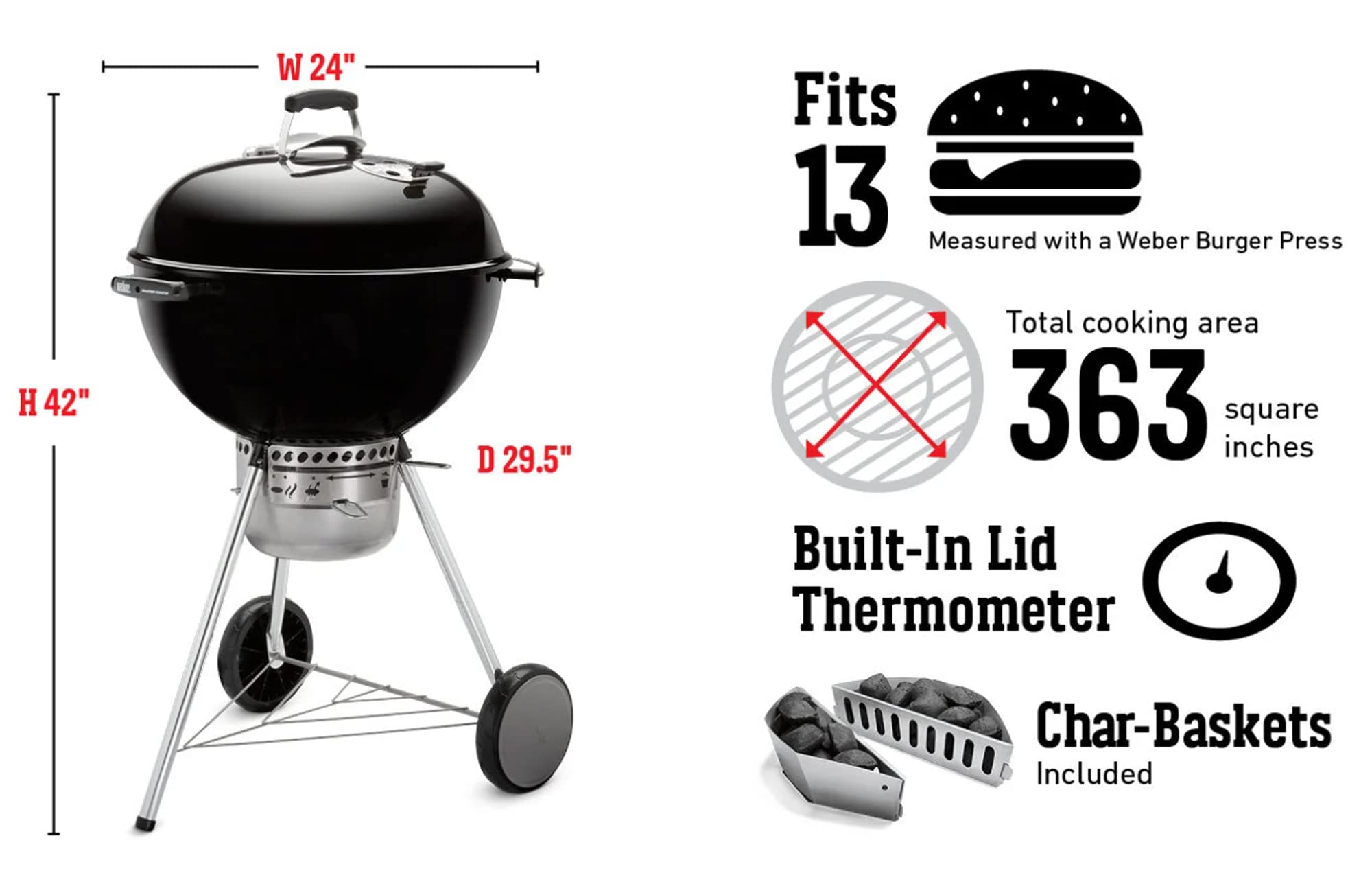 Weber Master-Touch warming rack holding buns and finished food to free main cooking space