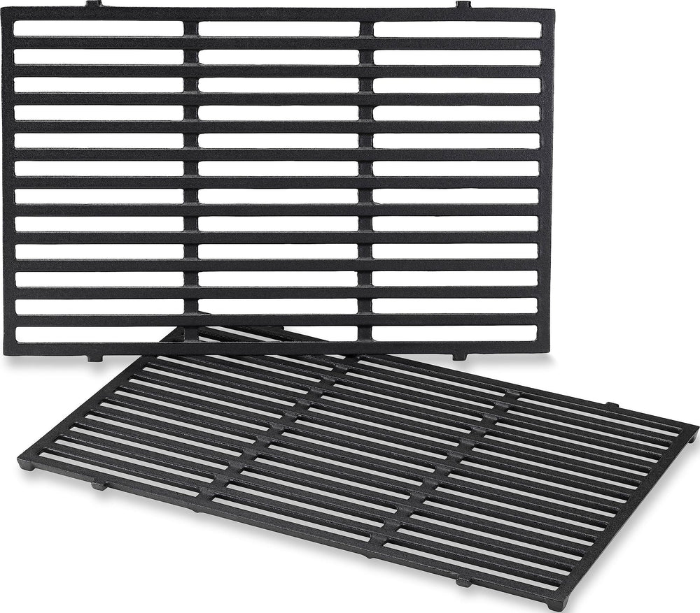 Weber front view of porcelain‑enameled cast‑iron grates showing fit and finish benefit