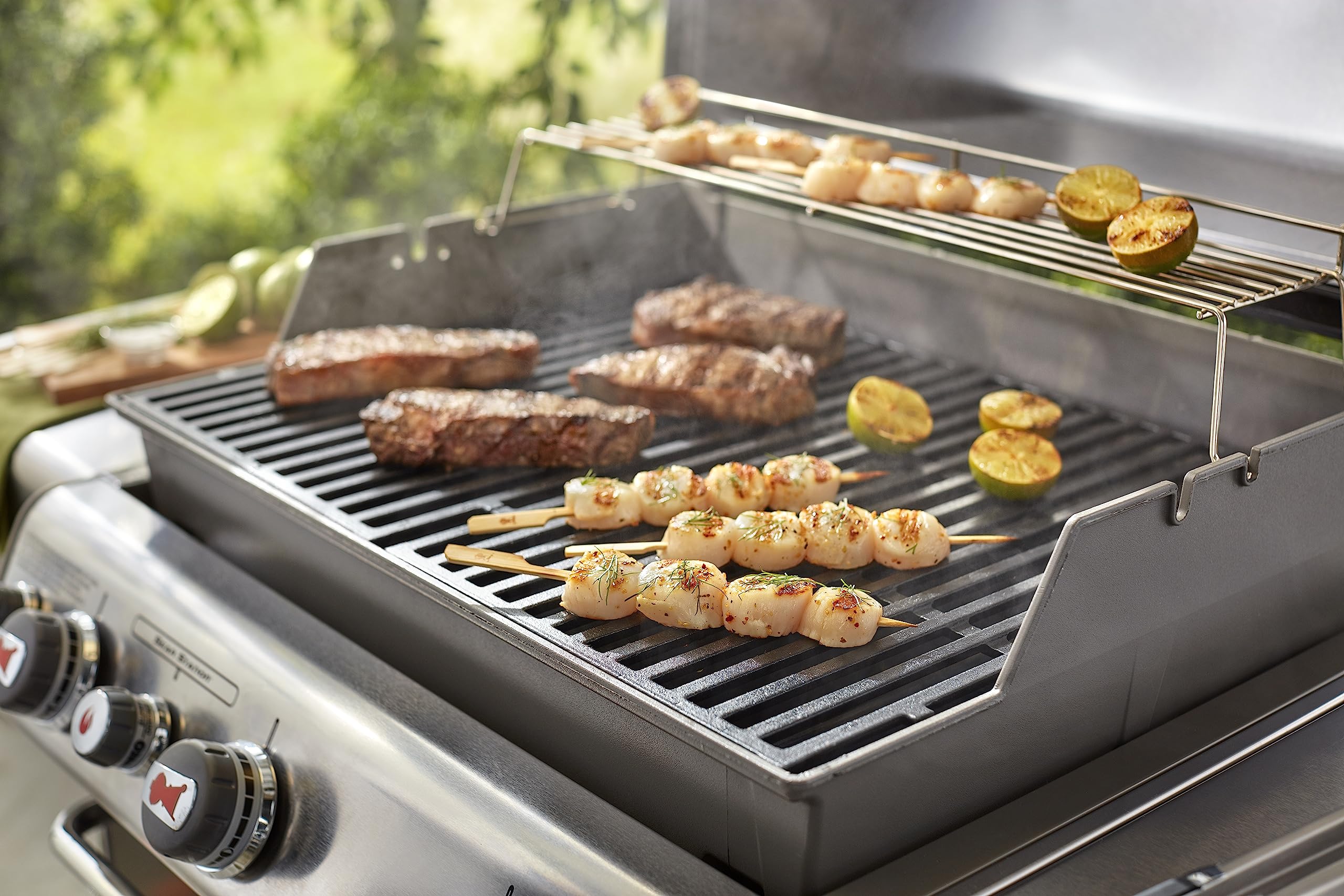 Weber grates in a backyard grill scene illustrating professional sear and outdoor enjoyment