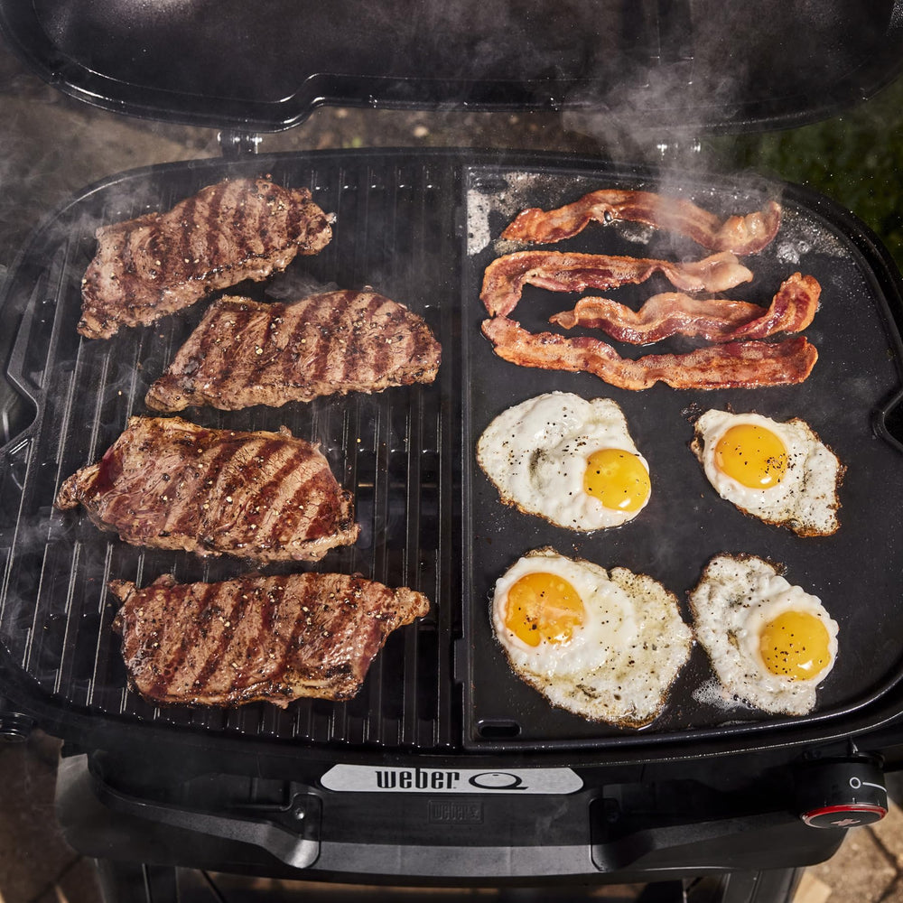 Weber Q 2800N+ on porch grilling scene showing portable full-size performance