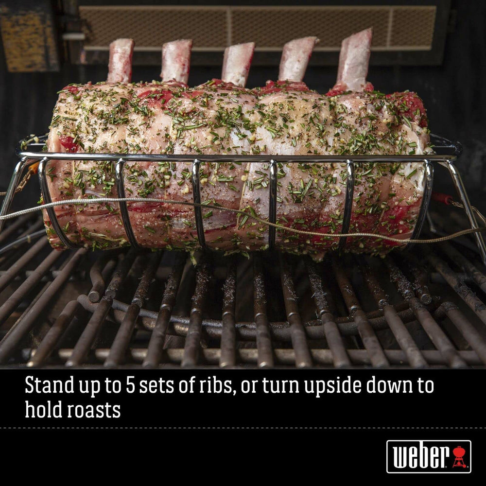 Weber holder installed in charcoal grill with ribs to maximize cooking space