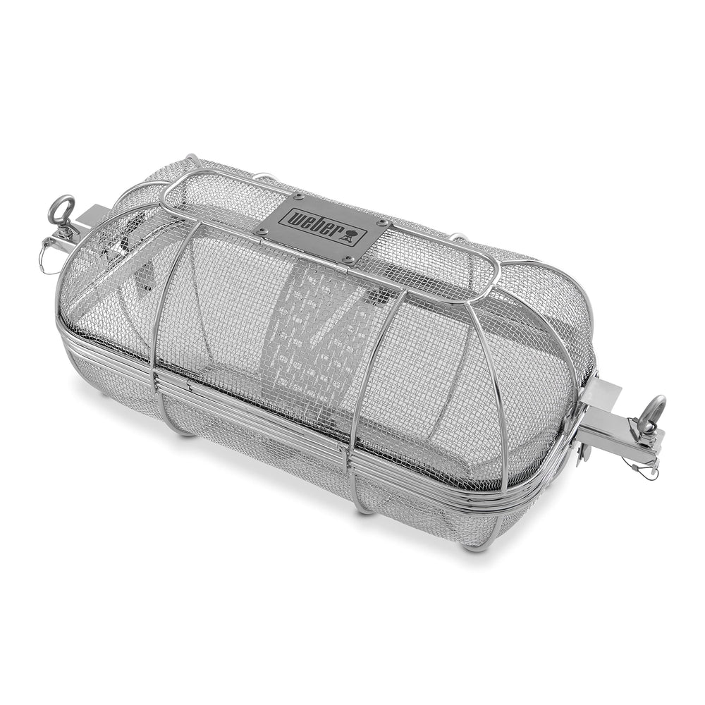 Weber stainless steel crisping basket front view showing durable build and secure fit
