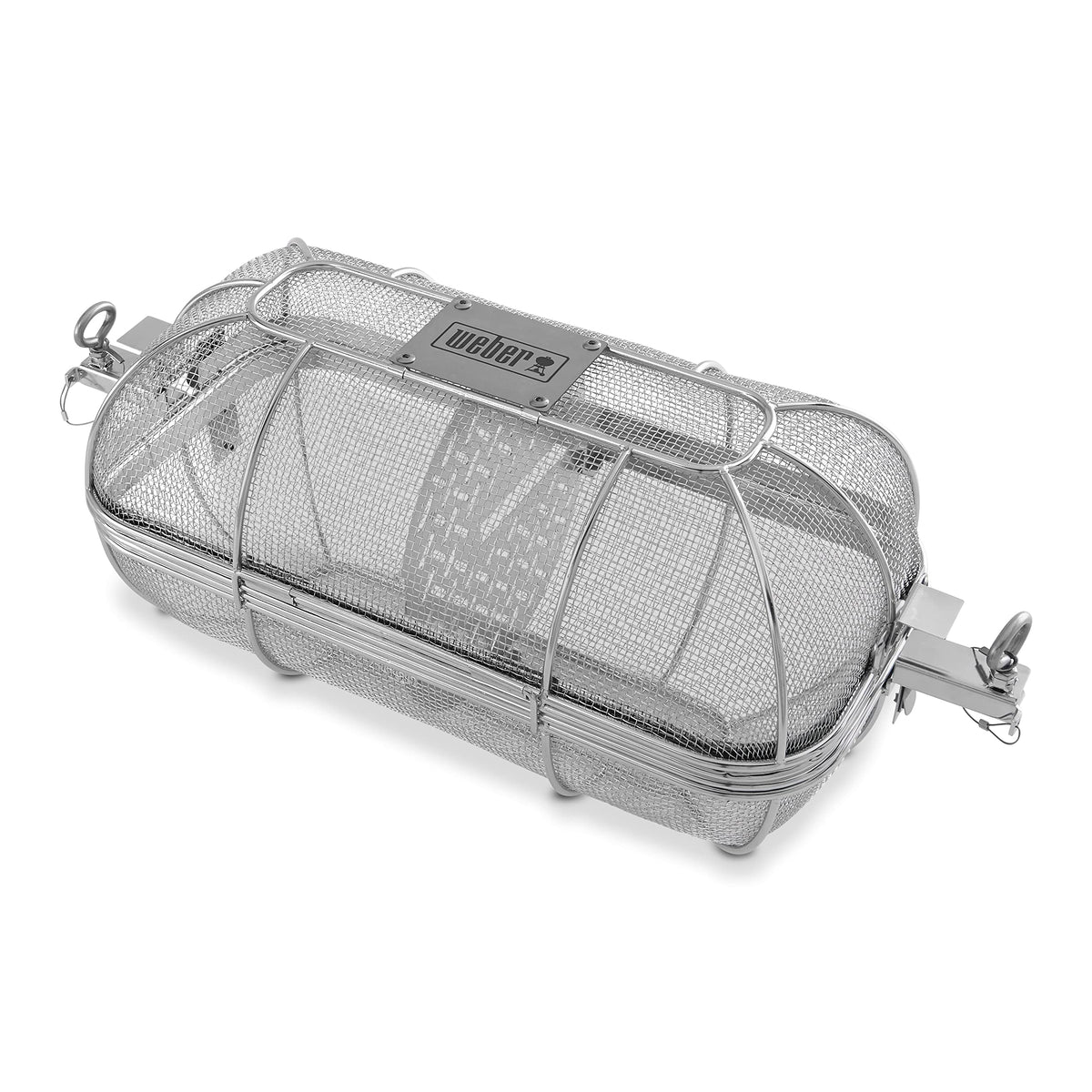Weber stainless steel crisping basket front view showing durable build and secure fit