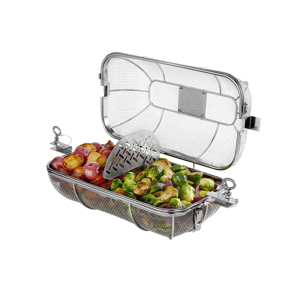 Weber basket beside a ruler for size comparison and easy portion planning benefit