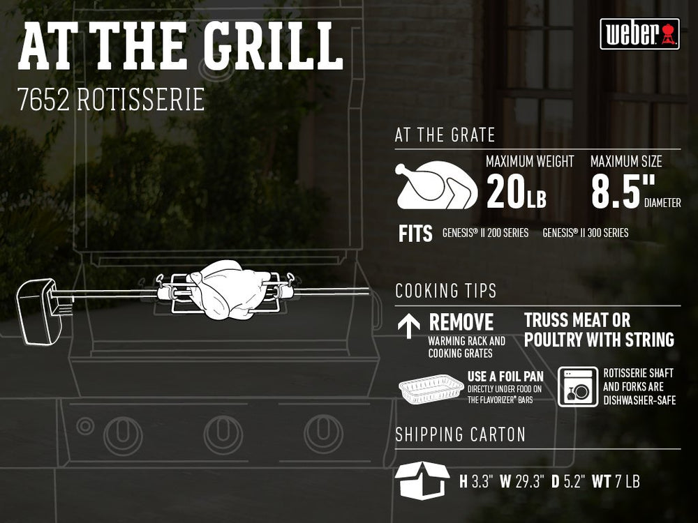 Weber heavy-duty rotisserie motor detail ensuring steady rotation and even cooking