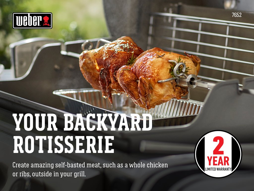 Weber close-up of stainless-steel spit and locking forks for secure roasts benefit