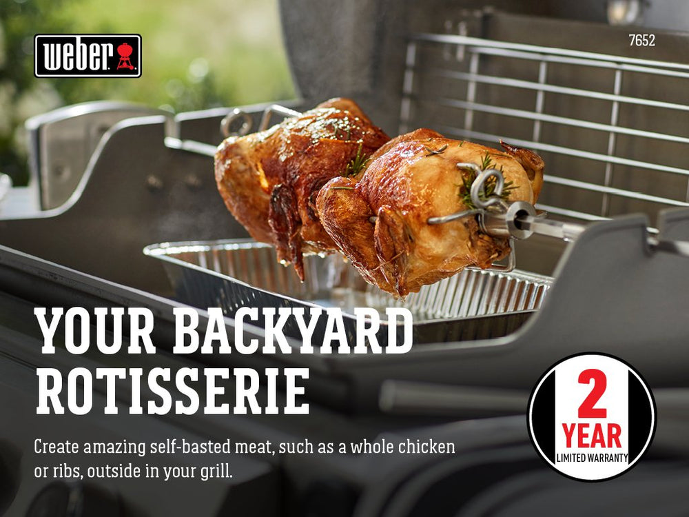 Weber close-up of stainless-steel spit and locking forks for secure roasts benefit