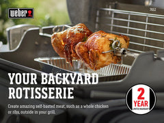 Weber close-up of stainless-steel spit and locking forks for secure roasts benefit