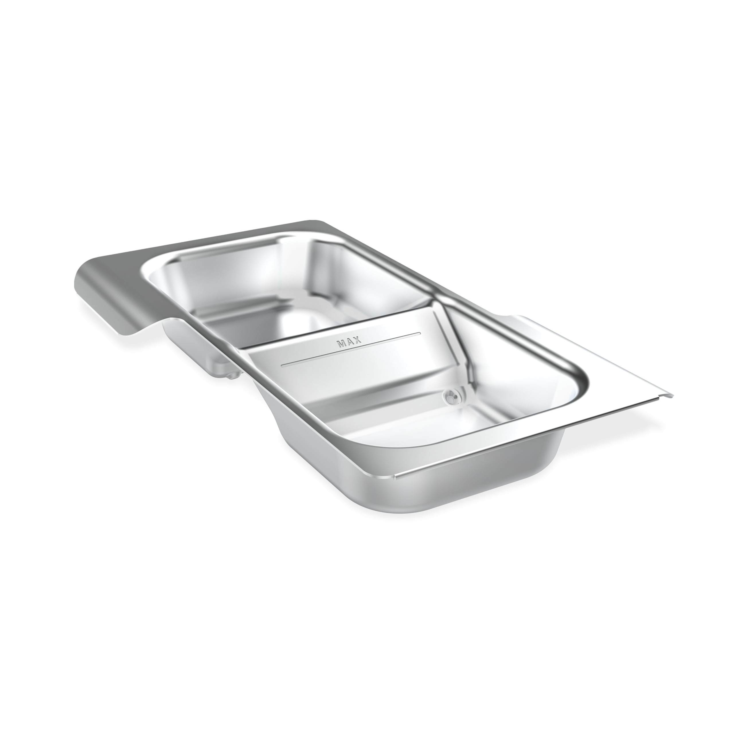 Weber Searwood wet smoke pan front stainless steel close-up showing durable finish and liquid capacity