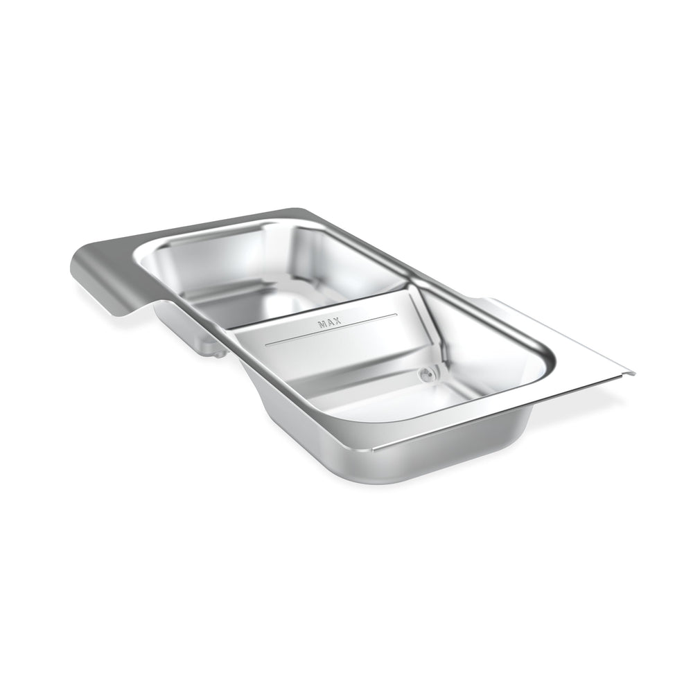 Weber Searwood wet smoke pan front stainless steel close-up showing durable finish and liquid capacity