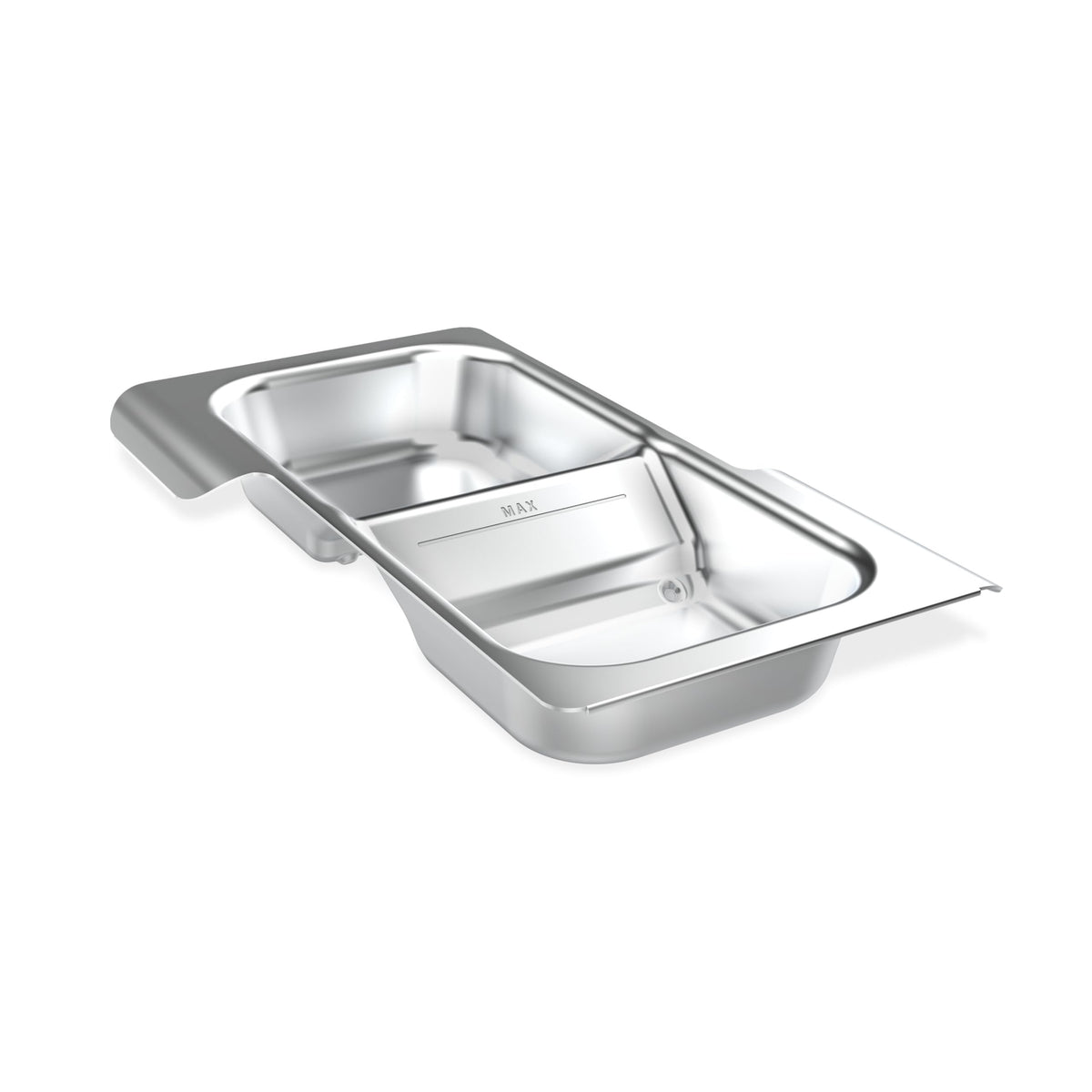 Weber Searwood wet smoke pan front stainless steel close-up showing durable finish and liquid capacity