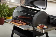 Weber SmokeFire EX6 shelf close-up showing stainless steel texture and easy cleaning