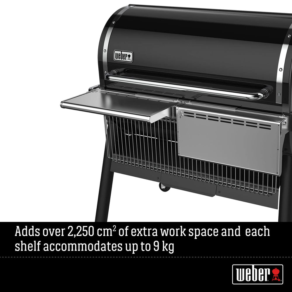 Weber SmokeFire EX6 shelf with platters and tools organizing grilling workflow