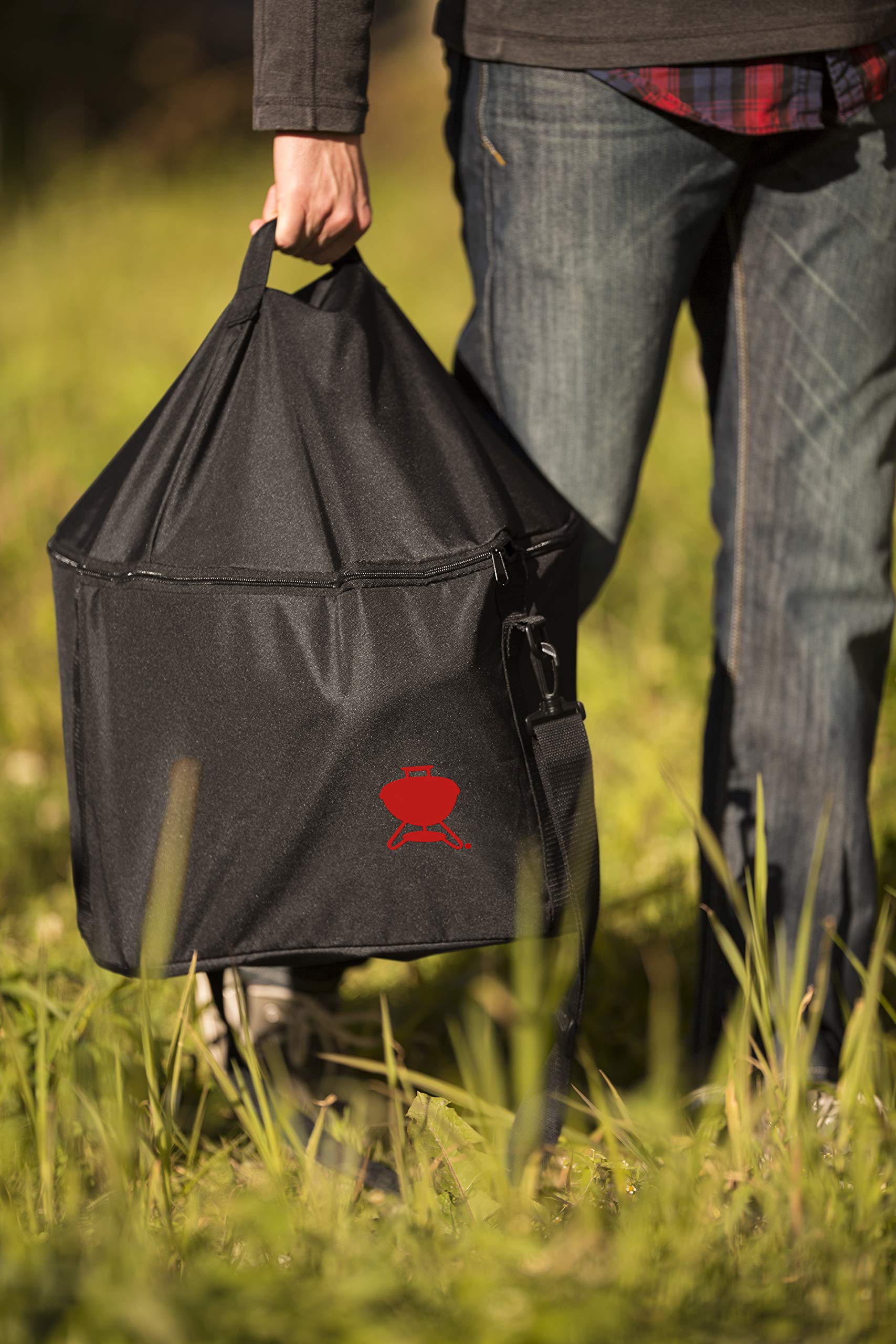 Weber bag next to grill showing correct 14-inch fit and storage benefit