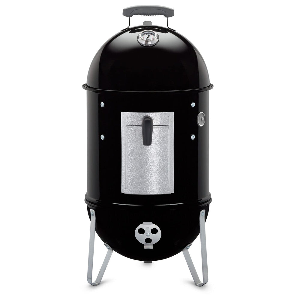 Weber Smokey Mountain front view showing compact smoker and cooking capacity