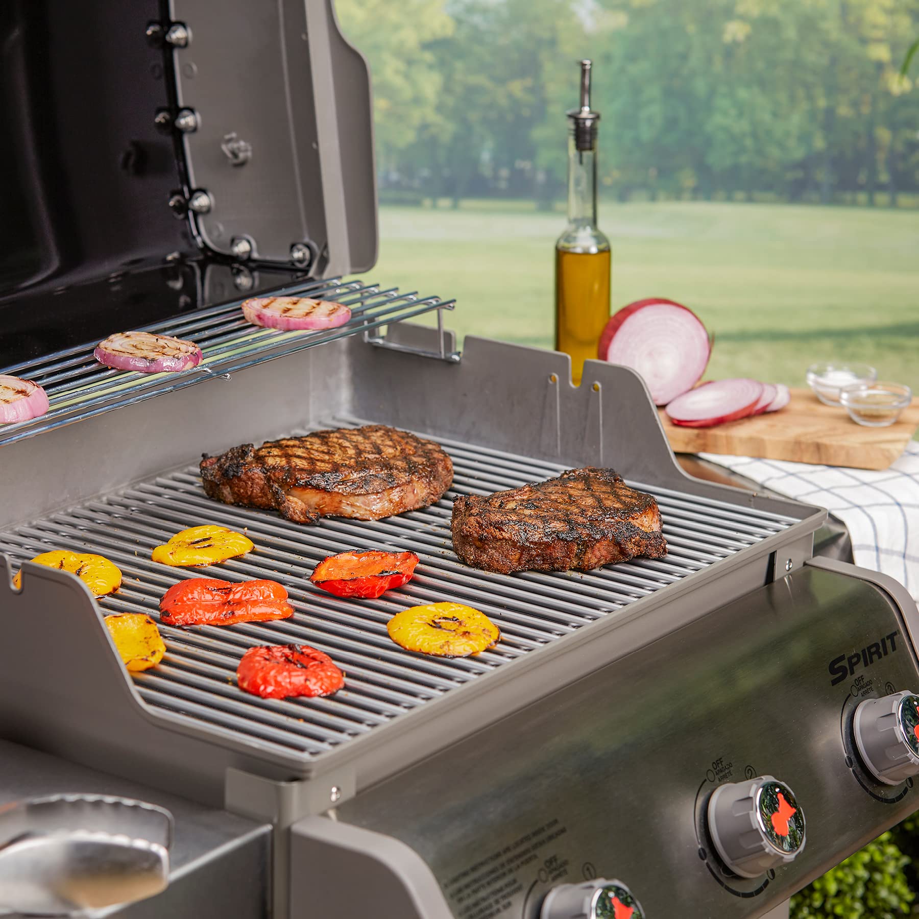 Weber close-up of stainless-steel grate bars highlighting durable finish