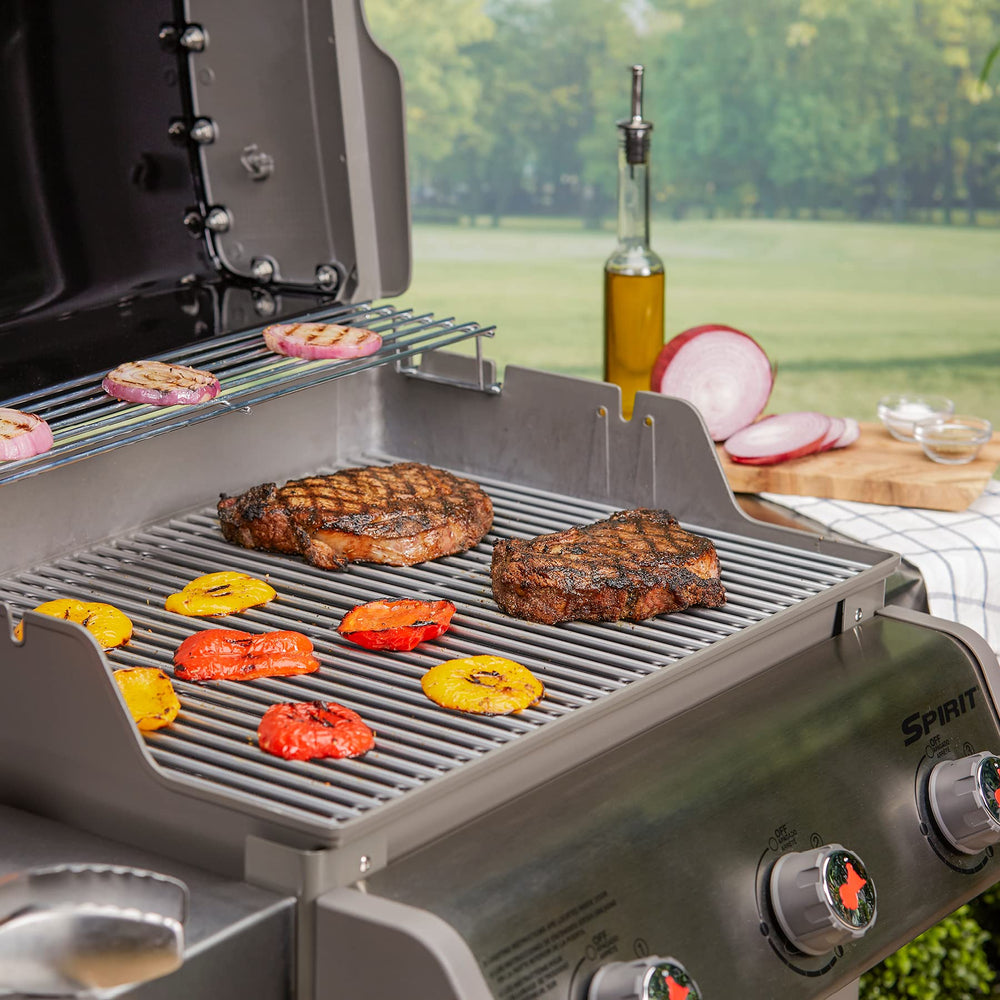Weber close-up of stainless-steel grate bars highlighting durable finish