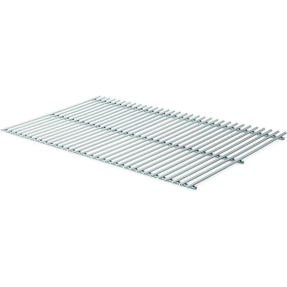 Weber stainless-steel grates front view showing full pair and fit benefits