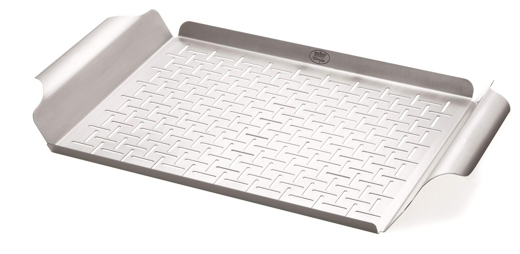 Weber grill pan front view showing durable stainless steel and handles for secure grilling